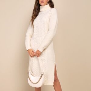 Snuggly Forecast Cream Cable Knit Turtleneck Sweater Midi Dress
